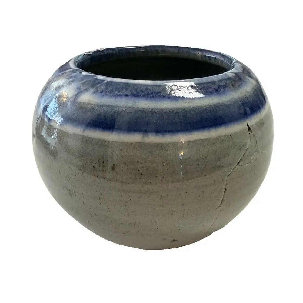 Joel Knanishu Raku Small Pottery Vase with Porcelain and Blue Speckled Glaze